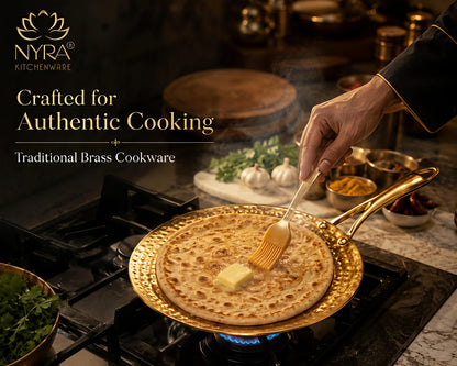 Premium Brass Hammered Tawa - 10-Inch Traditional Flat Griddle (Roti Pan) | Handcrafted High-Thermal Conductivity Crepe Pan with Ergonomic Handle