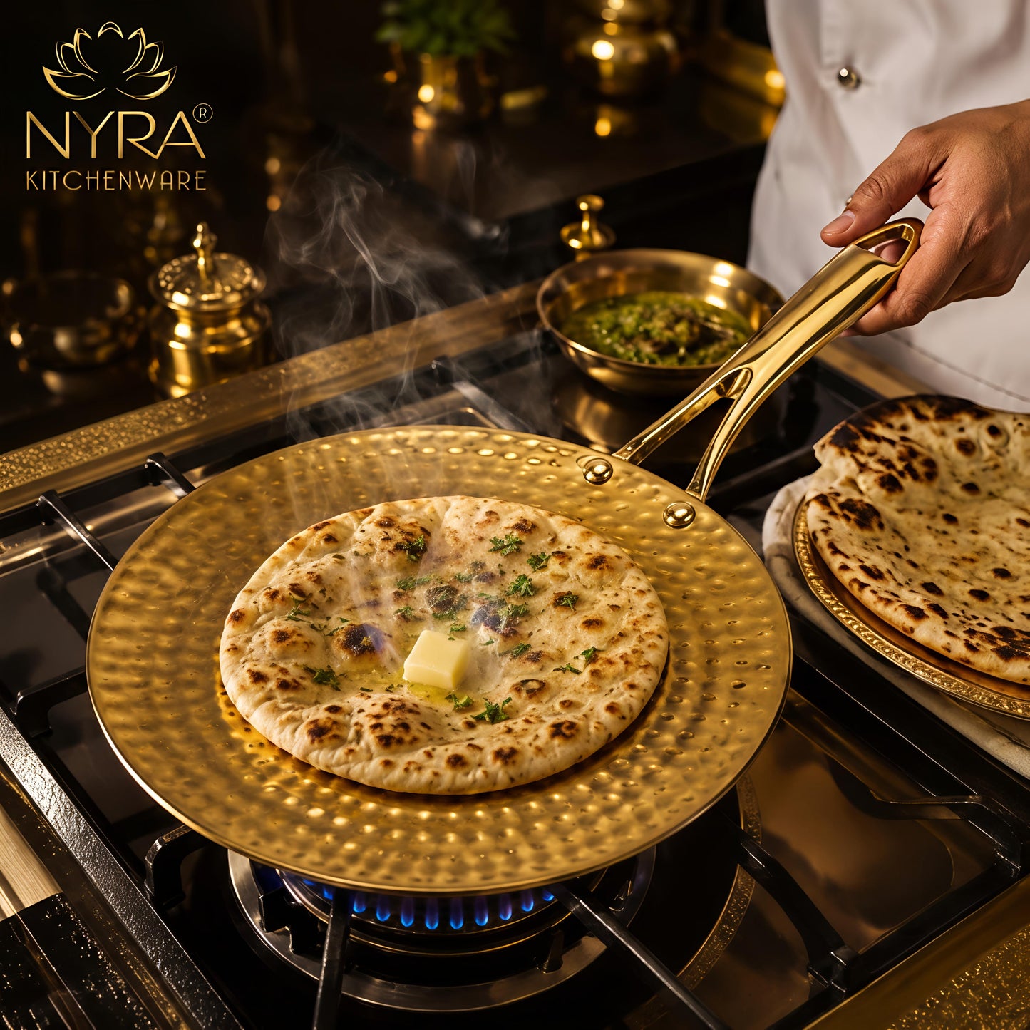 Premium Brass Hammered Tawa - 10-Inch Traditional Flat Griddle (Roti Pan) | Handcrafted High-Thermal Conductivity Crepe Pan with Ergonomic Handle