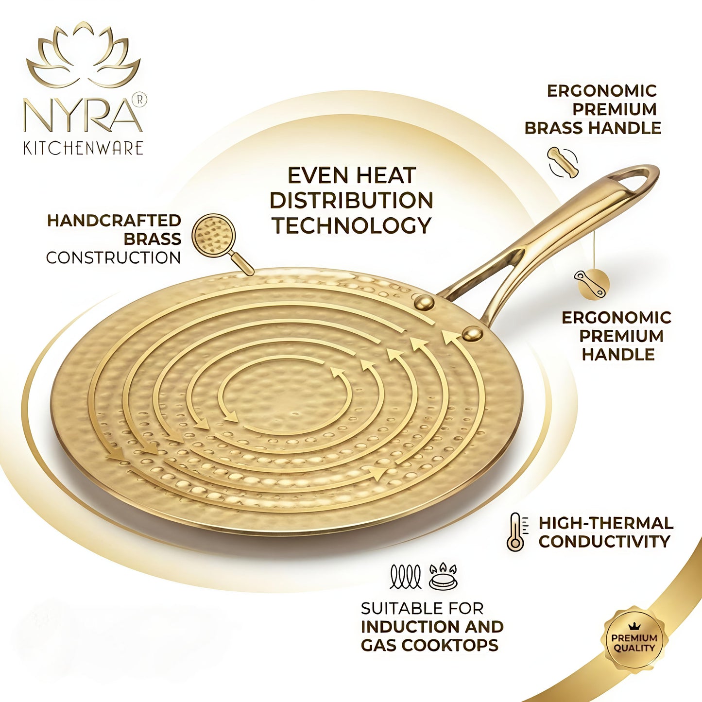 Premium Brass Hammered Tawa - 10-Inch Traditional Flat Griddle (Roti Pan) | Handcrafted High-Thermal Conductivity Crepe Pan with Ergonomic Handle