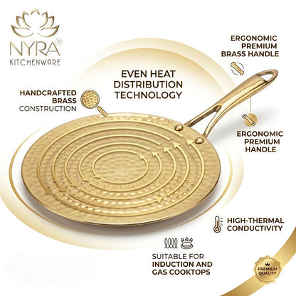 Premium Brass Hammered Tawa - 10-Inch Traditional Flat Griddle (Roti Pan) | Handcrafted High-Thermal Conductivity Crepe Pan with Ergonomic Handle