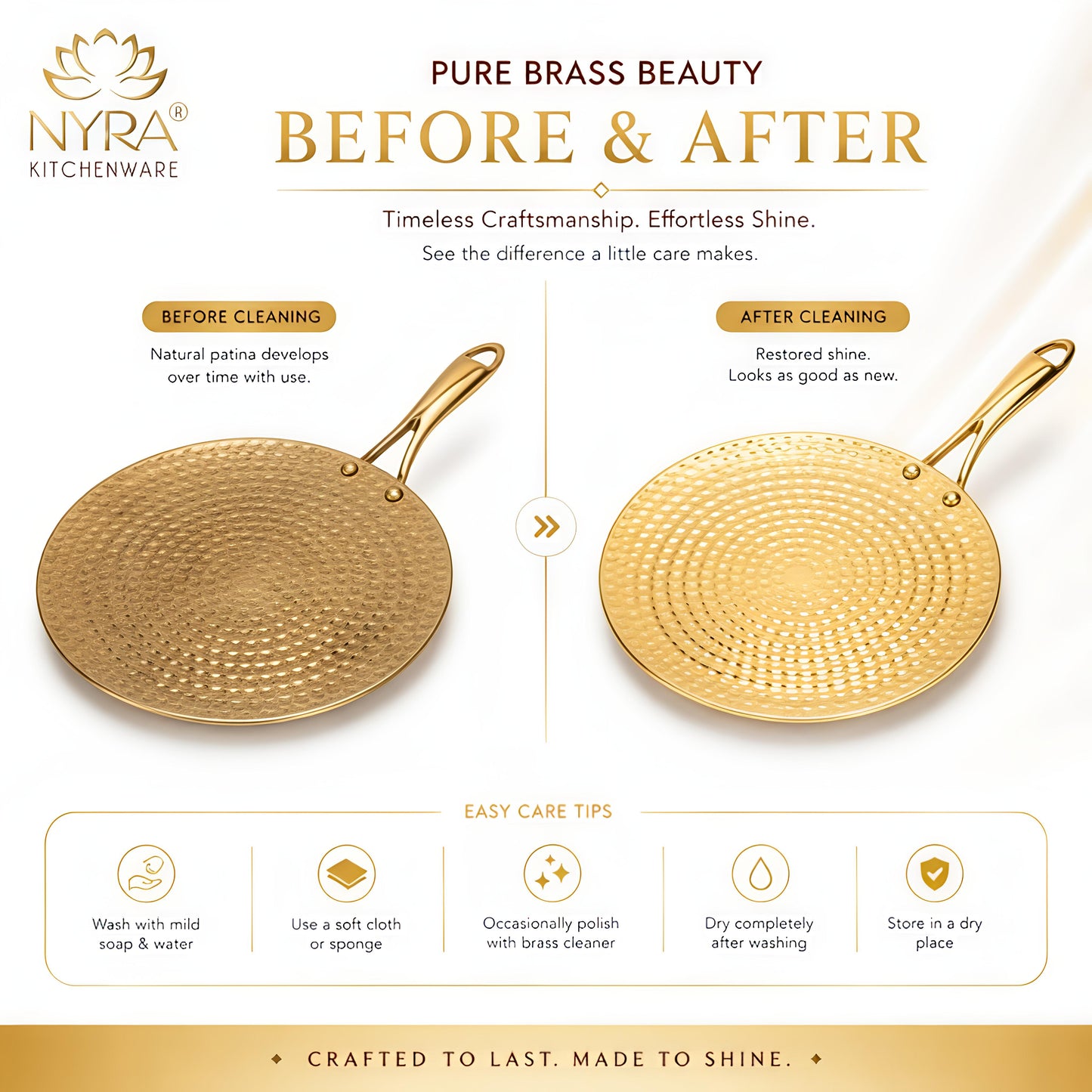 Premium Brass Hammered Tawa - 10-Inch Traditional Flat Griddle (Roti Pan) | Handcrafted High-Thermal Conductivity Crepe Pan with Ergonomic Handle