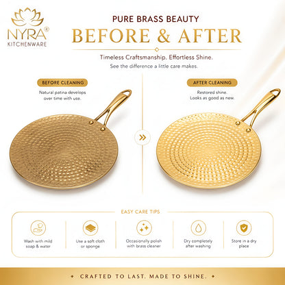 Premium Brass Hammered Tawa - 10-Inch Traditional Flat Griddle (Roti Pan) | Handcrafted High-Thermal Conductivity Crepe Pan with Ergonomic Handle