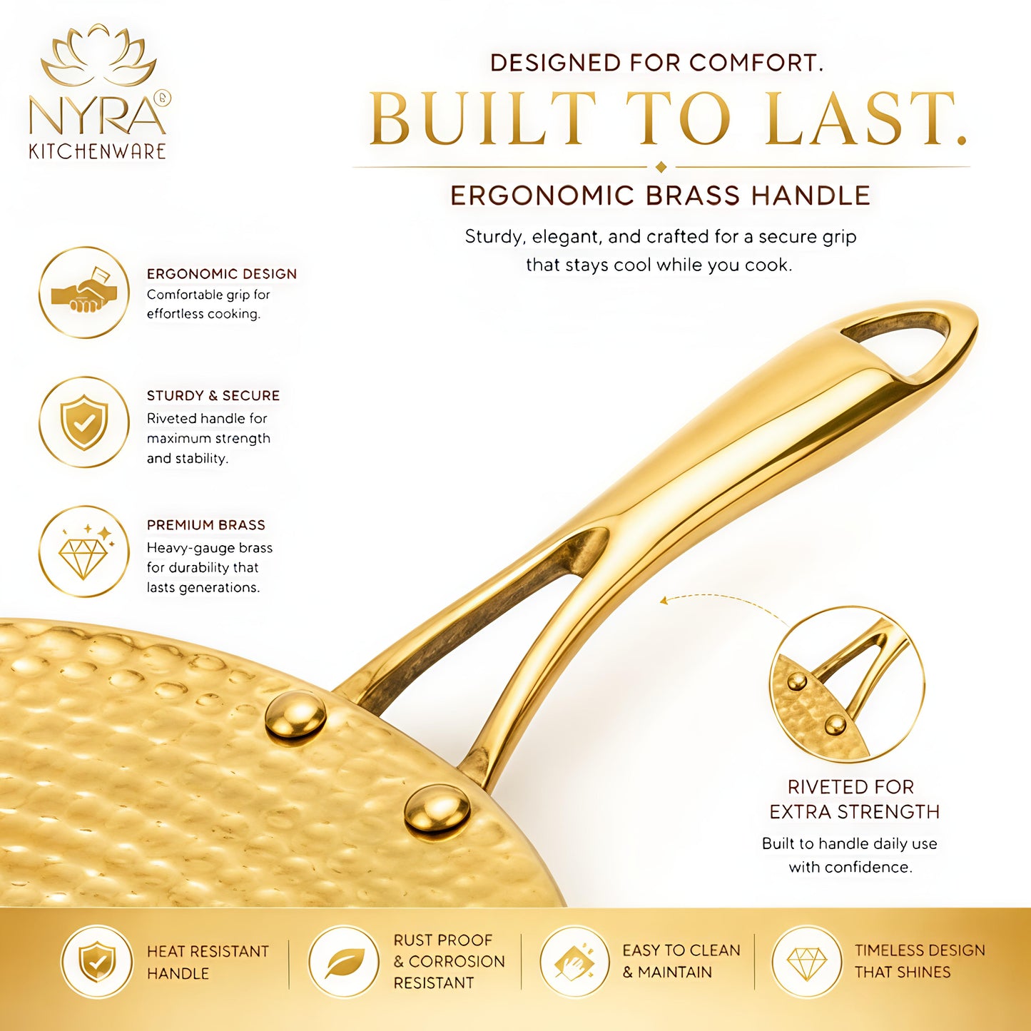 Premium Brass Hammered Tawa - 10-Inch Traditional Flat Griddle (Roti Pan) | Handcrafted High-Thermal Conductivity Crepe Pan with Ergonomic Handle