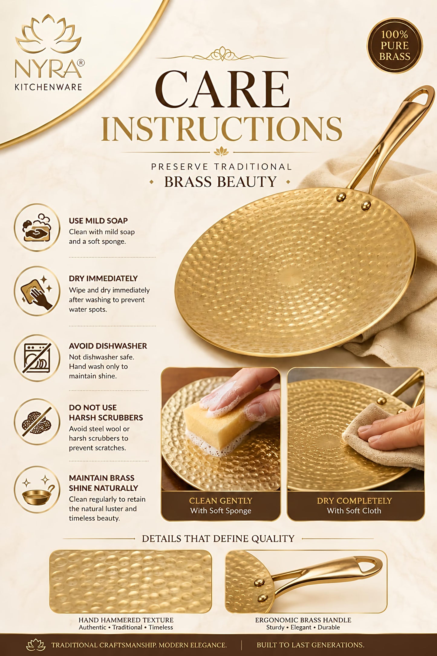 Premium Brass Hammered Tawa - 10-Inch Traditional Flat Griddle (Roti Pan) | Handcrafted High-Thermal Conductivity Crepe Pan with Ergonomic Handle