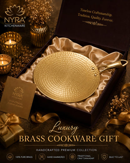 Premium Brass Hammered Tawa - 10-Inch Traditional Flat Griddle (Roti Pan) | Handcrafted High-Thermal Conductivity Crepe Pan with Ergonomic Handle