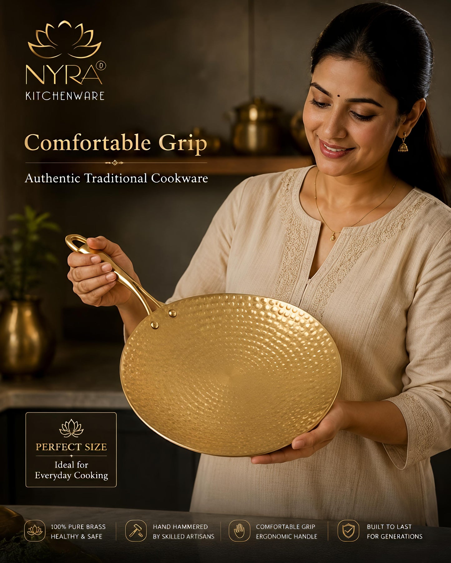 Premium Brass Hammered Tawa - 10-Inch Traditional Flat Griddle (Roti Pan) | Handcrafted High-Thermal Conductivity Crepe Pan with Ergonomic Handle