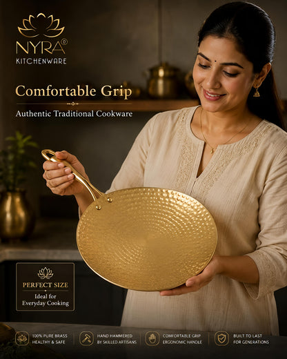 Premium Brass Hammered Tawa - 10-Inch Traditional Flat Griddle (Roti Pan) | Handcrafted High-Thermal Conductivity Crepe Pan with Ergonomic Handle