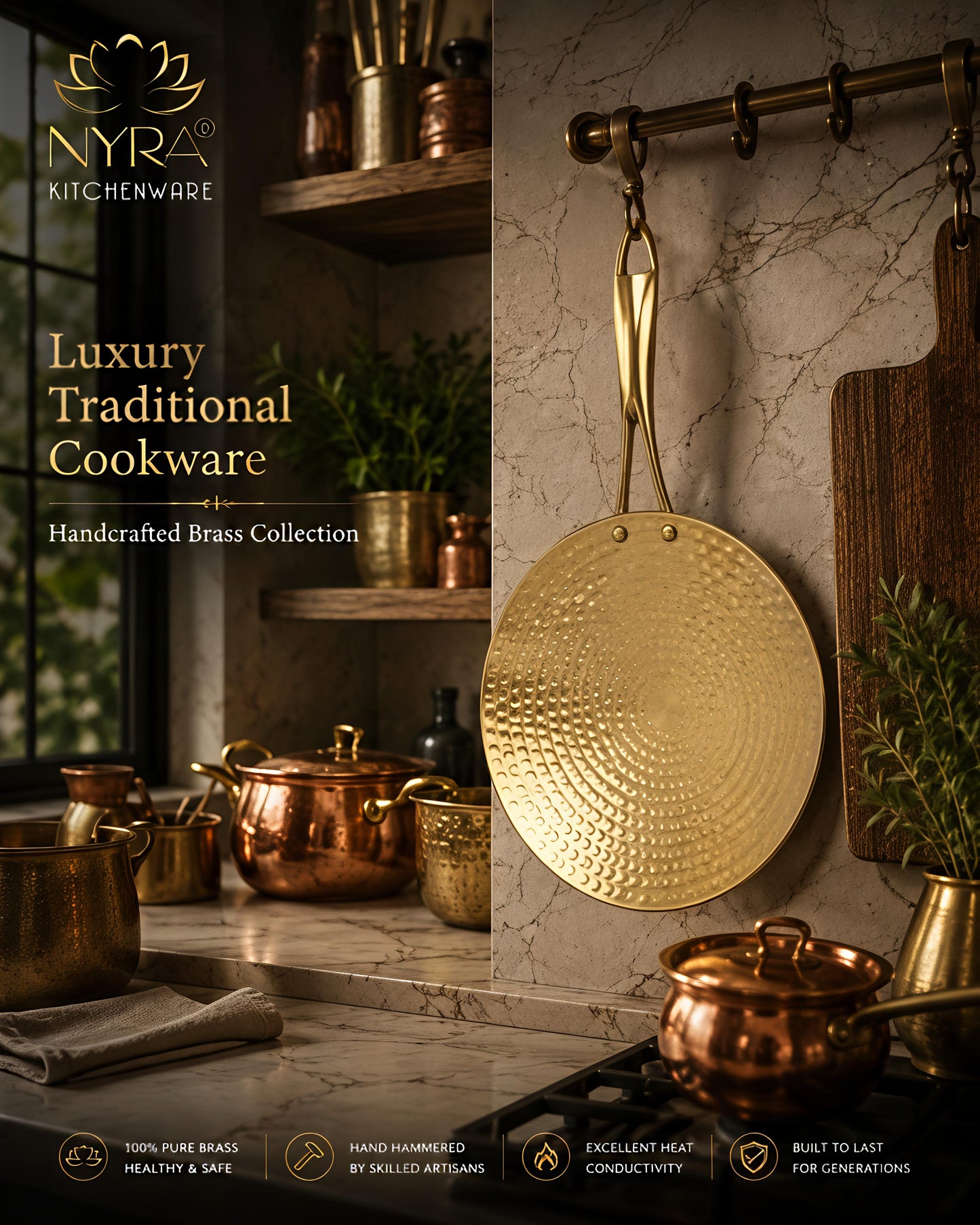 Premium Brass Hammered Tawa - 10-Inch Traditional Flat Griddle (Roti Pan) | Handcrafted High-Thermal Conductivity Crepe Pan with Ergonomic Handle