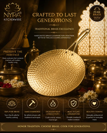 Premium Brass Hammered Tawa - 10-Inch Traditional Flat Griddle (Roti Pan) | Handcrafted High-Thermal Conductivity Crepe Pan with Ergonomic Handle