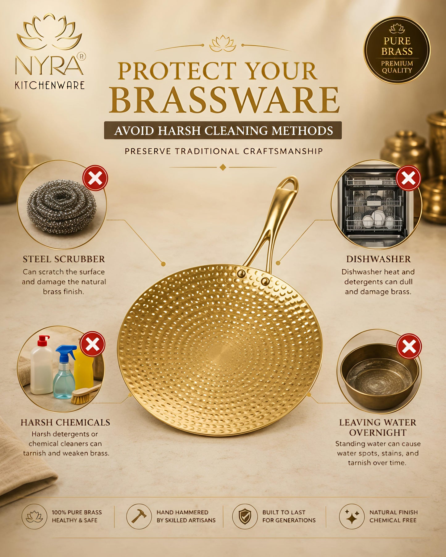 Premium Brass Hammered Tawa - 10-Inch Traditional Flat Griddle (Roti Pan) | Handcrafted High-Thermal Conductivity Crepe Pan with Ergonomic Handle
