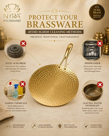 Premium Brass Hammered Tawa - 10-Inch Traditional Flat Griddle (Roti Pan) | Handcrafted High-Thermal Conductivity Crepe Pan with Ergonomic Handle