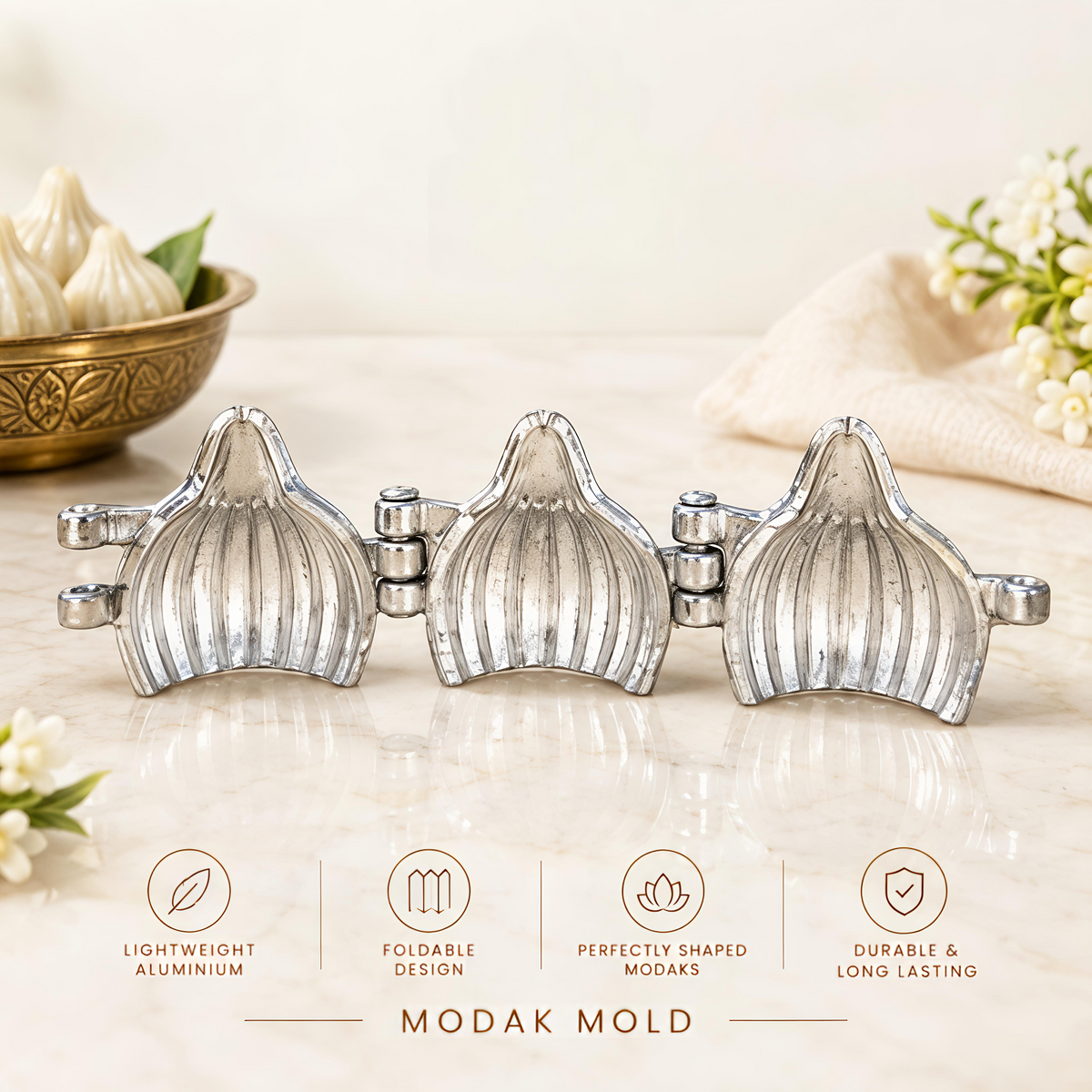 Aluminium Modak Maker Mould | Traditional Modak Sacha Sancha for Homemade Modak, Ukadiche Modak & Prasad | Foldable Hand Press Mould