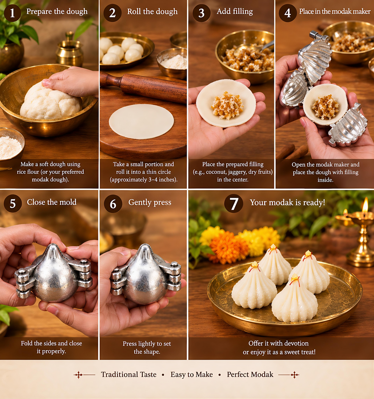 Aluminium Modak Maker Mould | Traditional Modak Sacha Sancha for Homemade Modak, Ukadiche Modak & Prasad | Foldable Hand Press Mould