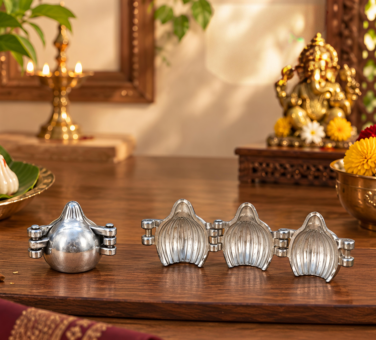 Aluminium Modak Maker Mould | Traditional Modak Sacha Sancha for Homemade Modak, Ukadiche Modak & Prasad | Foldable Hand Press Mould