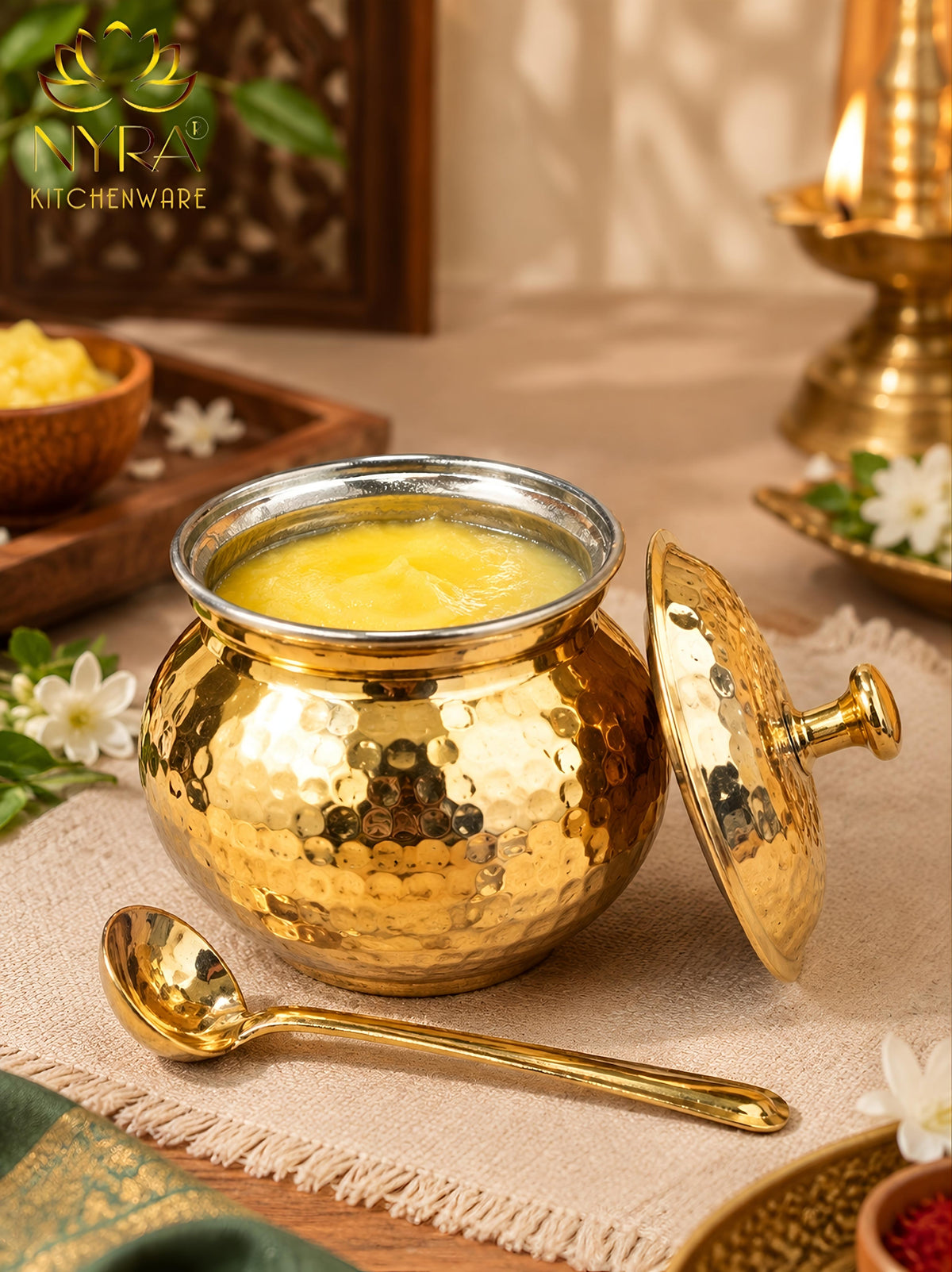 NYRA® Pure Brass Hammered Ghee Pot with Kalai Tin Coating, Lid & Spoon | Premium Ghee Storage Container