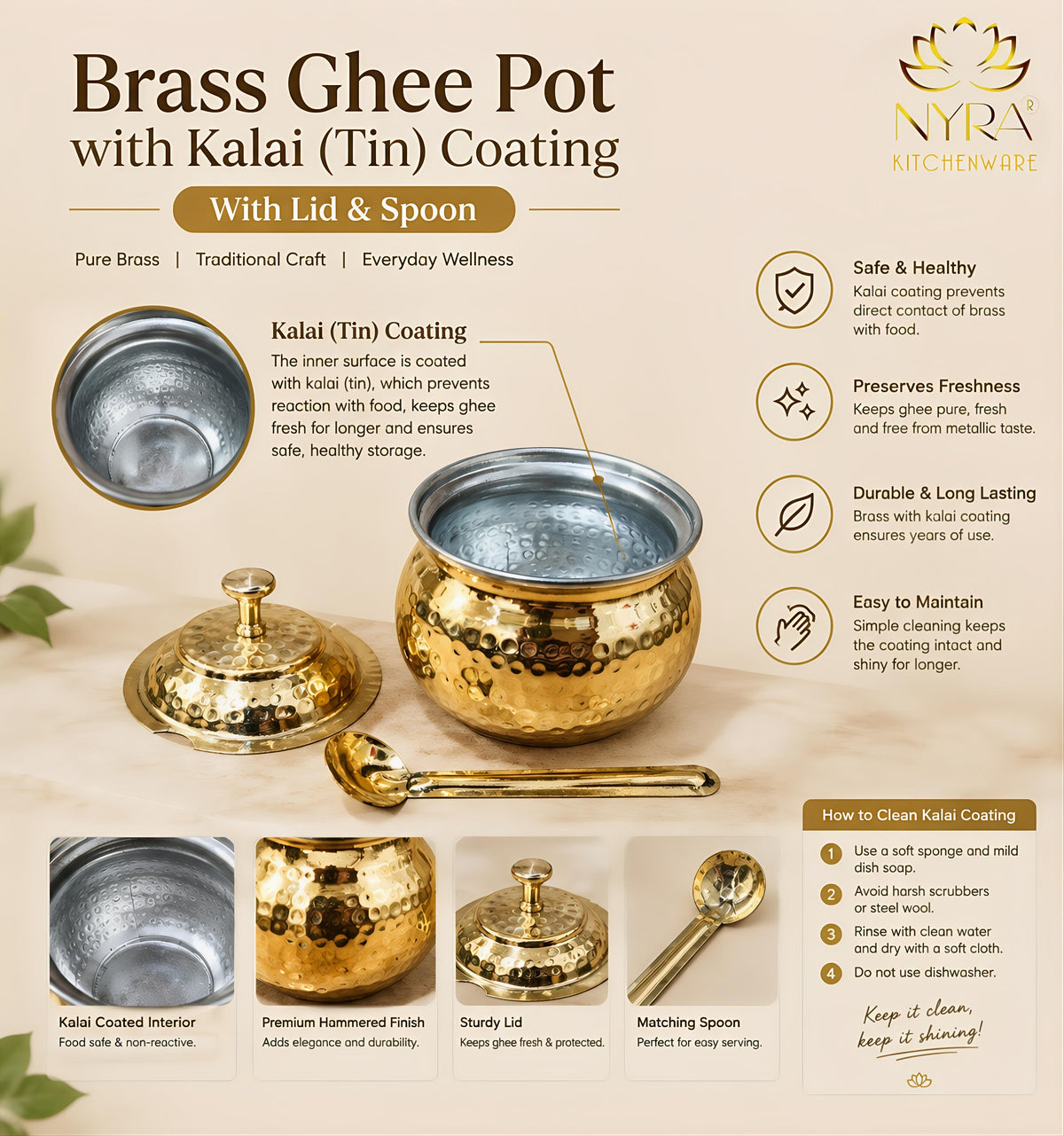 NYRA® Pure Brass Hammered Ghee Pot with Kalai Tin Coating, Lid & Spoon | Premium Ghee Storage Container
