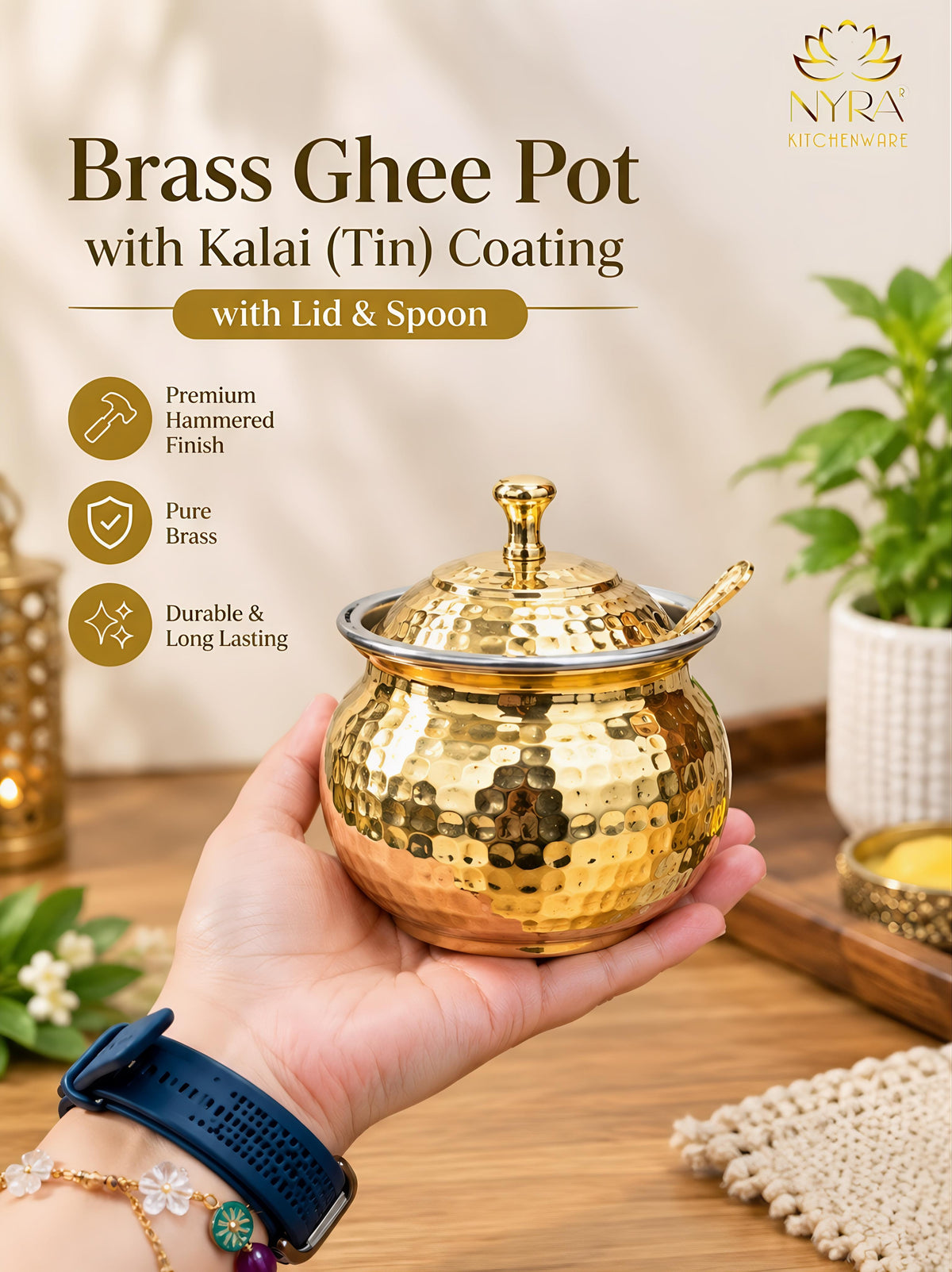 NYRA® Pure Brass Hammered Ghee Pot with Kalai Tin Coating, Lid & Spoon | Premium Ghee Storage Container