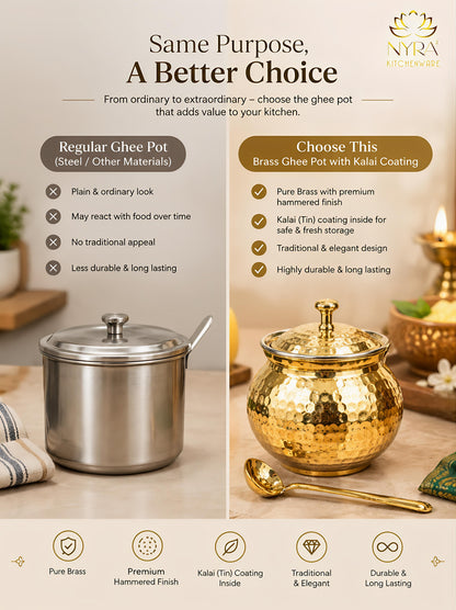 NYRA® Pure Brass Hammered Ghee Pot with Kalai Tin Coating, Lid & Spoon | Premium Ghee Storage Container