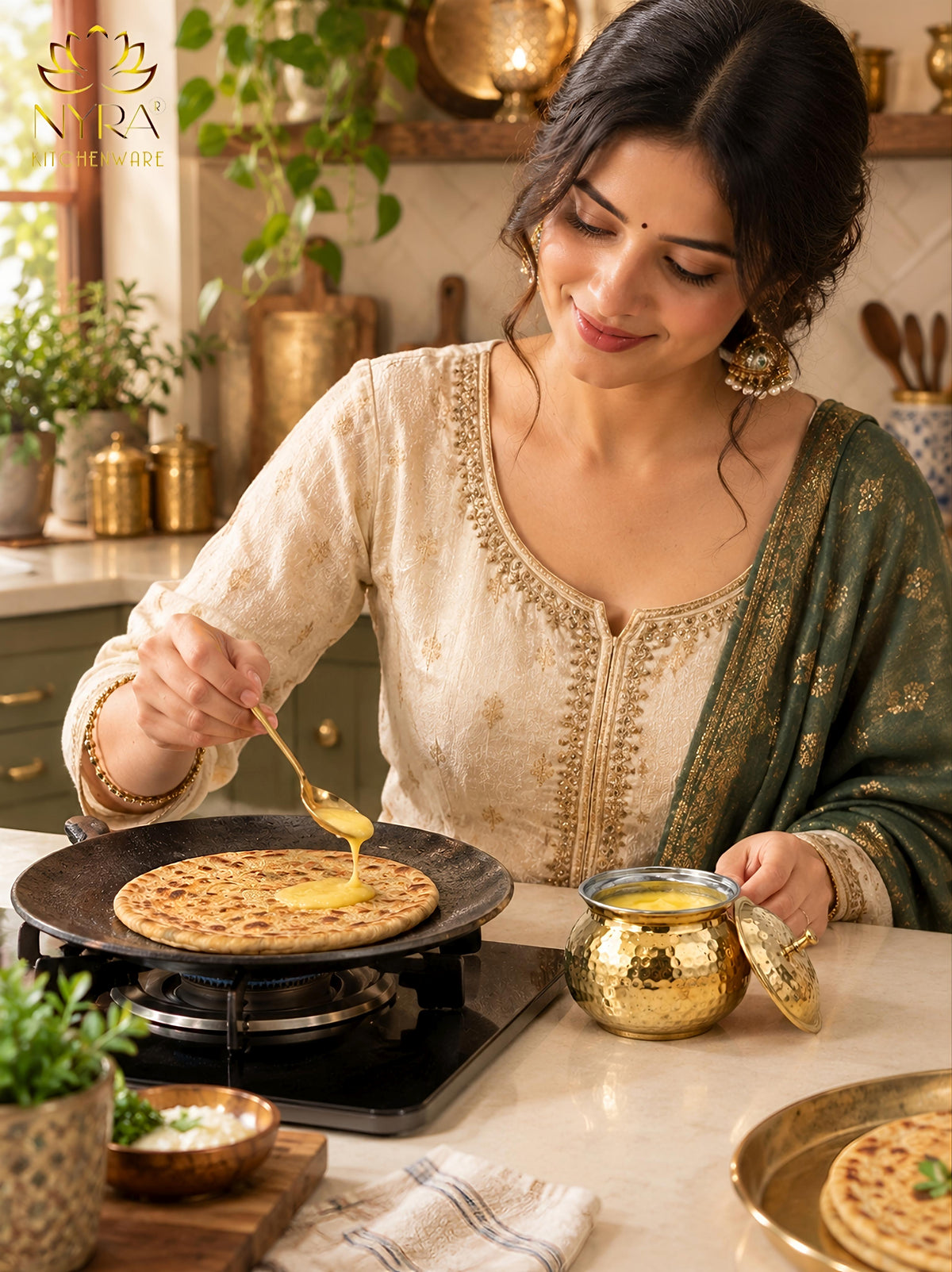 NYRA® Pure Brass Hammered Ghee Pot with Kalai Tin Coating, Lid & Spoon | Premium Ghee Storage Container