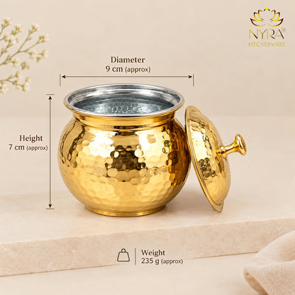 NYRA® Pure Brass Hammered Ghee Pot with Kalai Tin Coating, Lid & Spoon | Premium Ghee Storage Container
