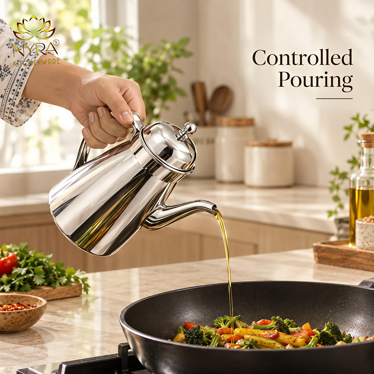 Nyra® Stainless Steel Oil Dispenser 1000 ML (1 Litre) with Lid, Handle & Long Pouring Spout | Glossy Silver Oil Pourer for Kitchen