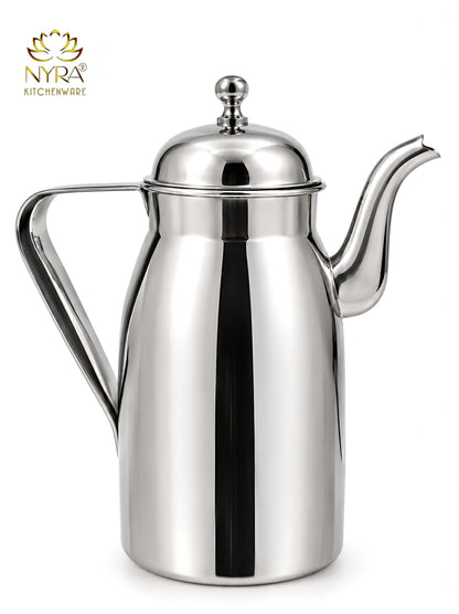 Nyra® Stainless Steel Oil Dispenser 1000 ML (1 Litre) with Lid, Handle & Long Pouring Spout | Glossy Silver Oil Pourer for Kitchen