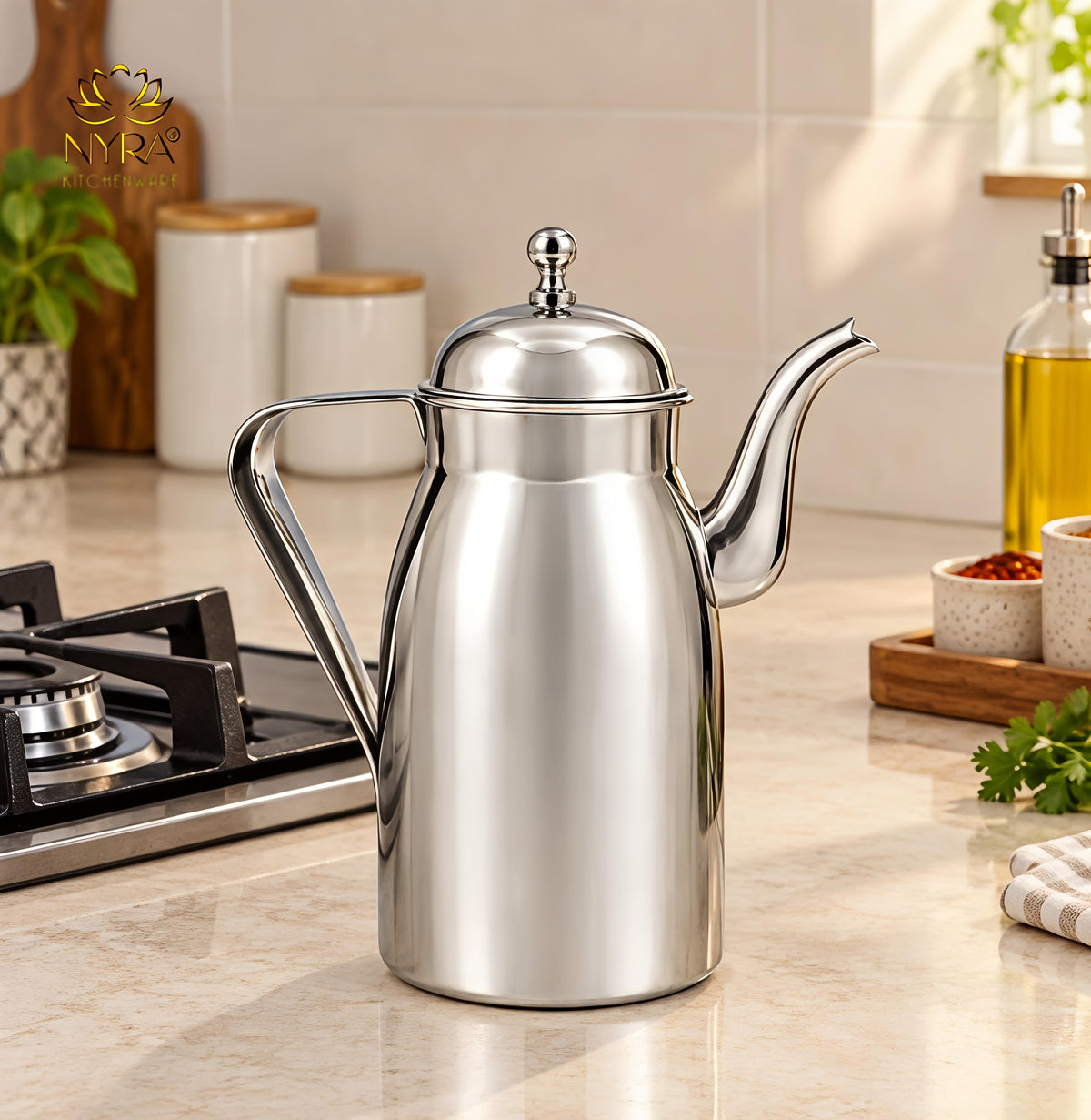 Nyra® Stainless Steel Oil Dispenser 1000 ML (1 Litre) with Lid, Handle & Long Pouring Spout | Glossy Silver Oil Pourer for Kitchen