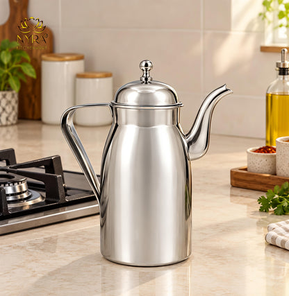 Nyra® Stainless Steel Oil Dispenser 1000 ML (1 Litre) with Lid, Handle & Long Pouring Spout | Glossy Silver Oil Pourer for Kitchen