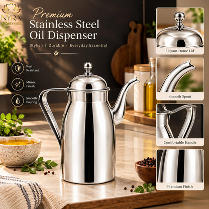 Nyra® Stainless Steel Oil Dispenser 1000 ML (1 Litre) with Lid, Handle & Long Pouring Spout | Glossy Silver Oil Pourer for Kitchen