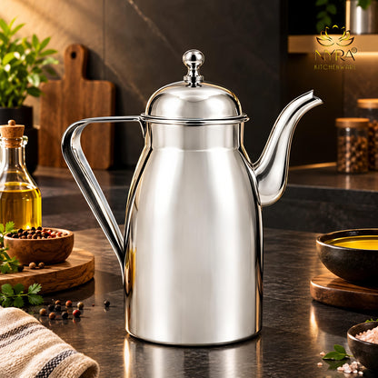 Nyra® Stainless Steel Oil Dispenser 1000 ML (1 Litre) with Lid, Handle & Long Pouring Spout | Glossy Silver Oil Pourer for Kitchen