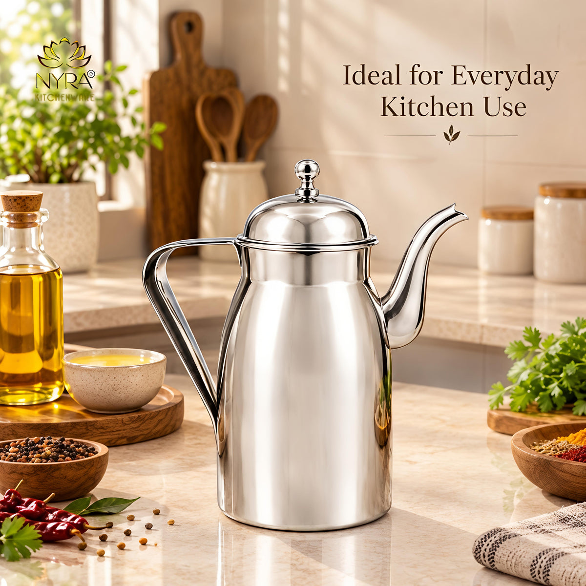 Nyra® Stainless Steel Oil Dispenser 1000 ML (1 Litre) with Lid, Handle & Long Pouring Spout | Glossy Silver Oil Pourer for Kitchen