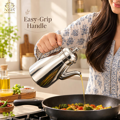 Nyra® Stainless Steel Oil Dispenser 1000 ML (1 Litre) with Lid, Handle & Long Pouring Spout | Glossy Silver Oil Pourer for Kitchen