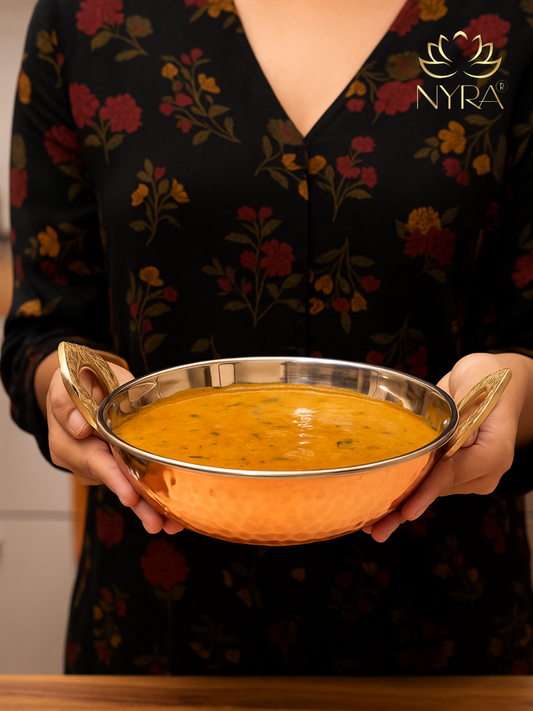 Copper Serving Kadhai/Wok Insulated with Stainless Steel | Hammered Tableware for Homes, Restaurants & Hotels
