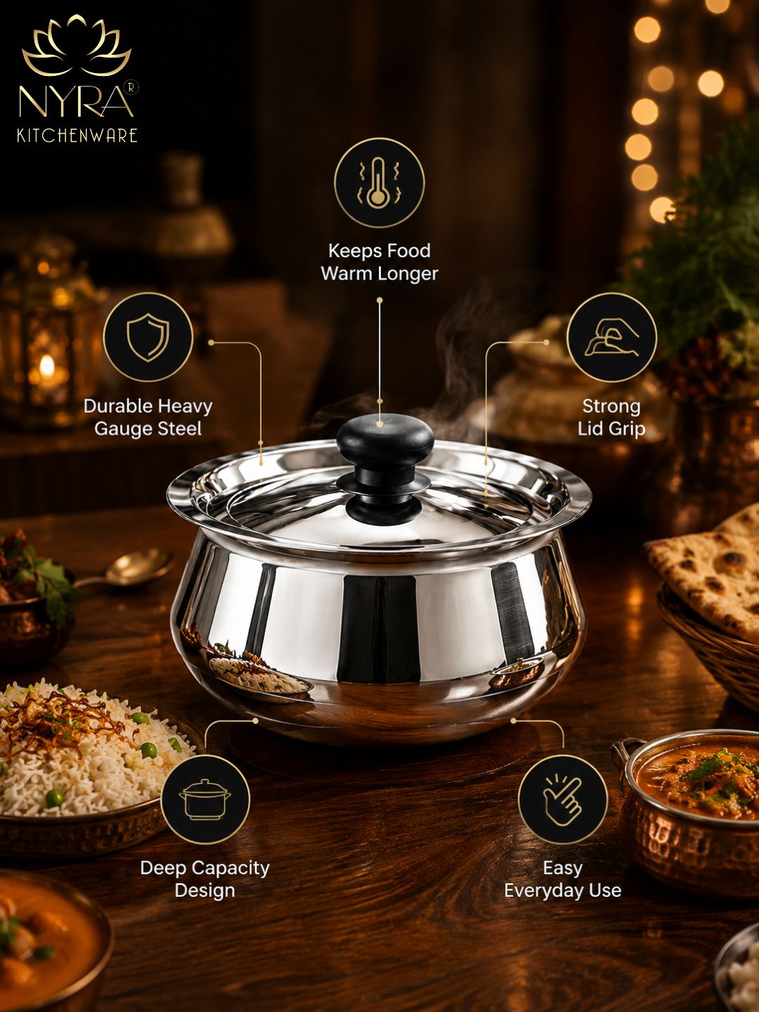 Stainless Steel Pulao Handi with Lid and PVC Knob – Set of 3
