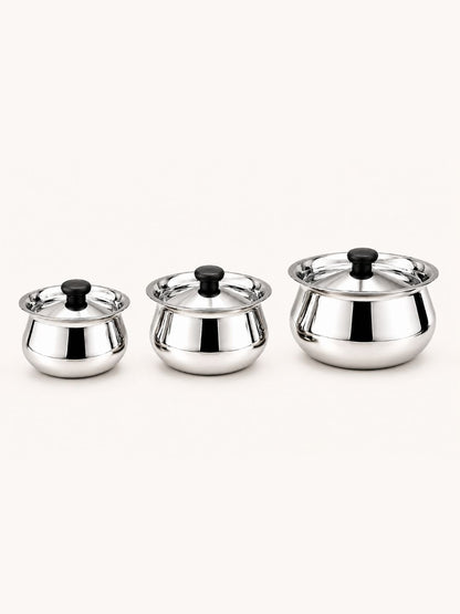 Stainless Steel Pulao Handi with Lid and PVC Knob – Set of 3