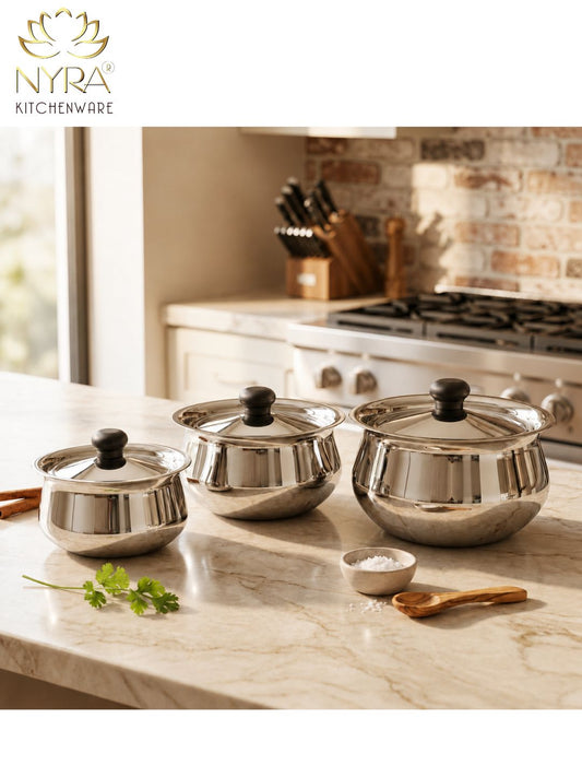 Stainless Steel Pulao Handi with Lid and PVC Knob – Set of 3