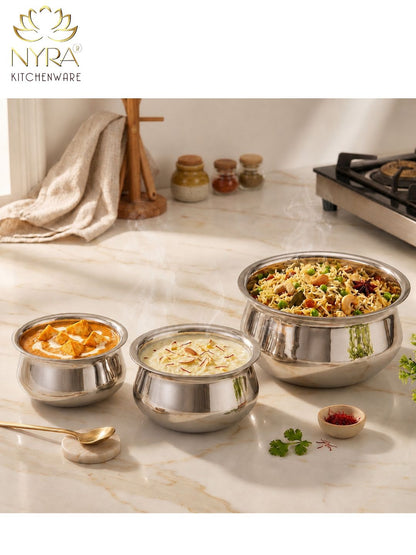 Stainless Steel Pulao Handi with Lid and PVC Knob – Set of 3