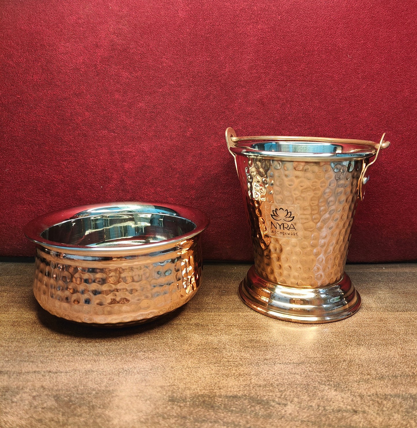 Copper Hammered Serving Bucket & Handi Bowl | Dual-Layer with Stainless Steel Interior Tableware Set