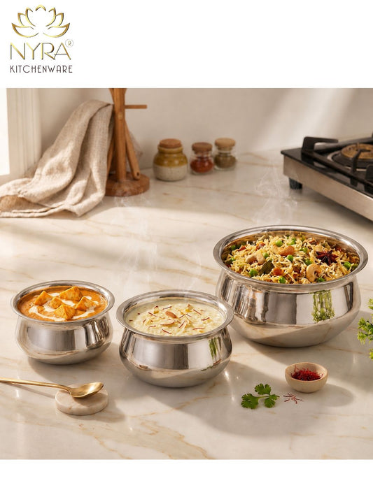 Stainless Steel Serving Handi with Lid | Glossy Mirror Finish Serving Pot | Curry, Gravy, Dal, Sabzi, Rice & Biryani Serving Bowl | Easy-Grip Knob