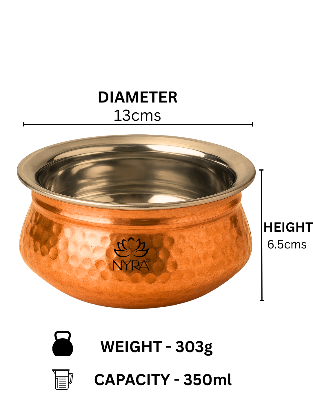 Premium Copper Handi Insulated with Stainless Steel | Traditional Serving Pot/Tableware for Homes, Restaurants & Hotels