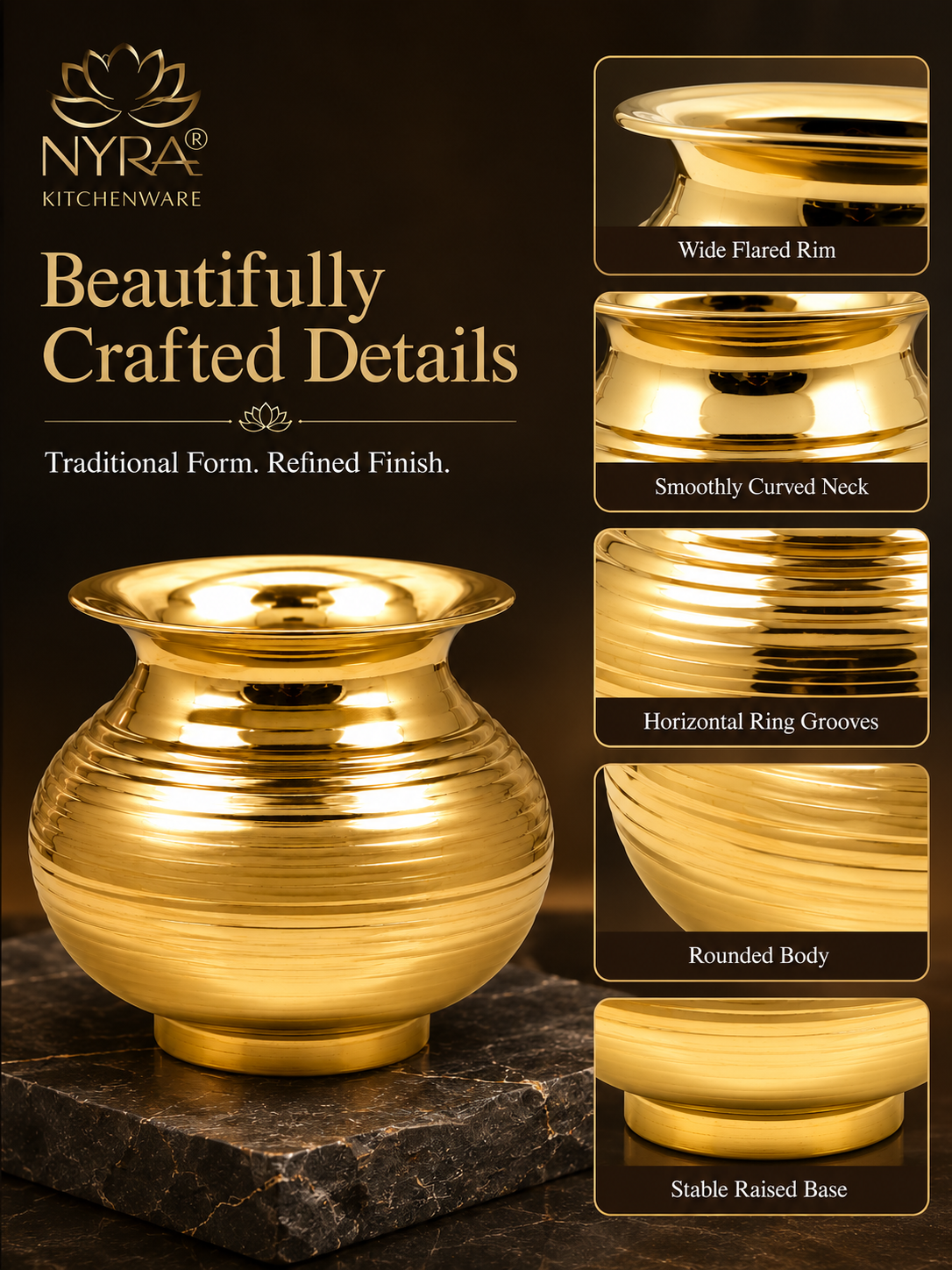 Pure Brass Kalash | Peetal Lota - Avaiable in 3 sizes