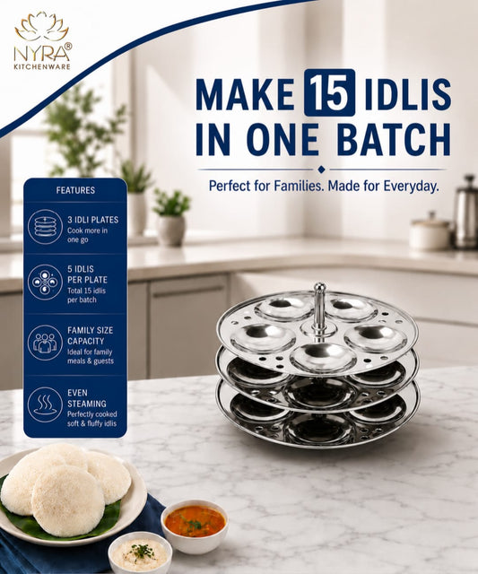 Stainless Steel big Idli Stand 3 Plate/4 Plate Idli Maker - Round Cavities Steamer Rack for 5L Outer Lid Pressure Cooker Idli Pot Top Bhagona Large Cookware