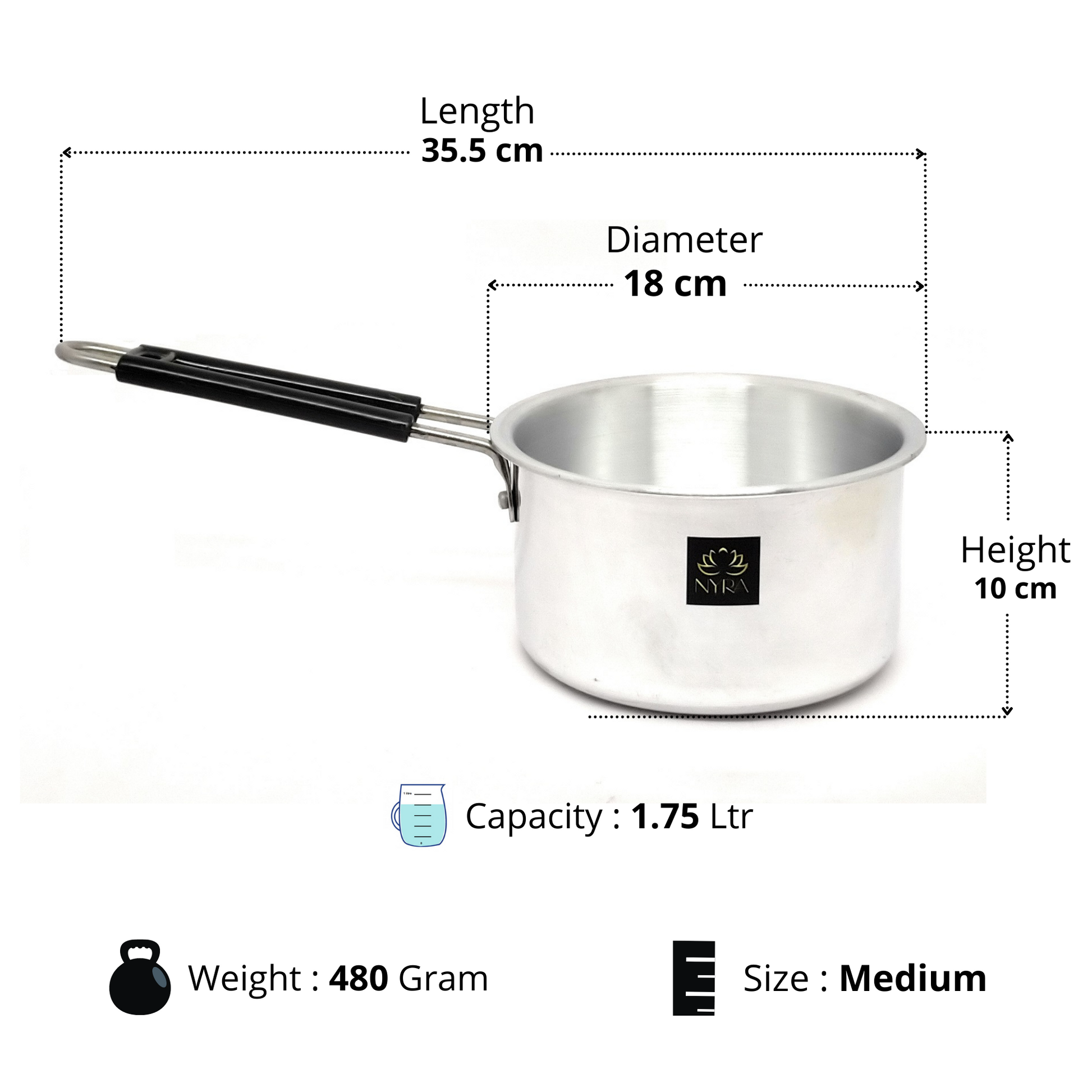 Measurement chart of a silver pot with dimensions and features on a white background