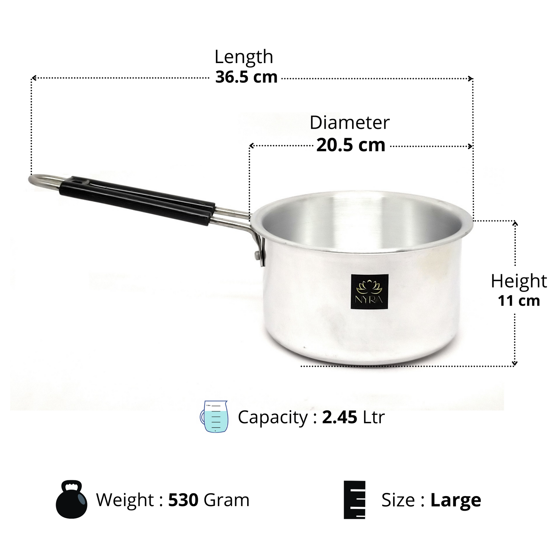 Measurement chart of a silver pot with dimensions and features on a white background