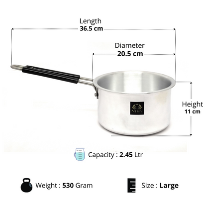 Measurement chart of a silver pot with dimensions and features on a white background