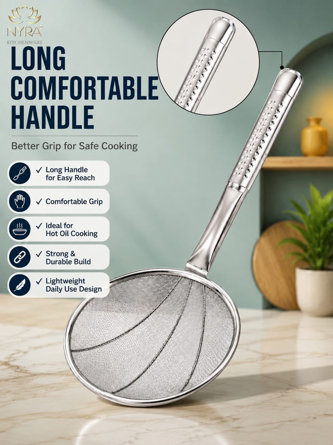 Stainless Steel Wire Strainer: Ideal for Deep Frying Snacks | Heat-Resistant Hand