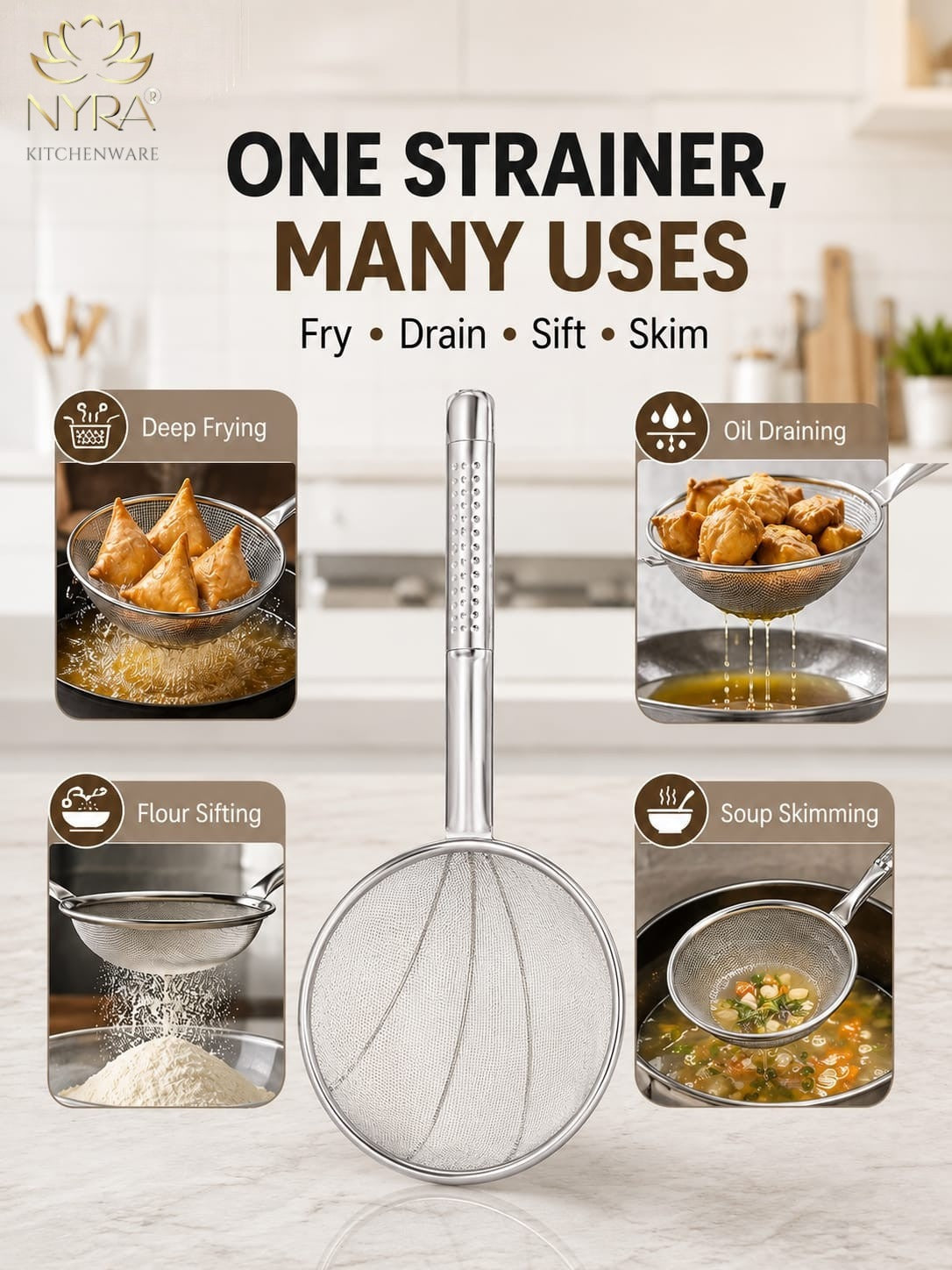 Stainless Steel Wire Strainer: Ideal for Deep Frying Snacks | Heat-Resistant Hand
