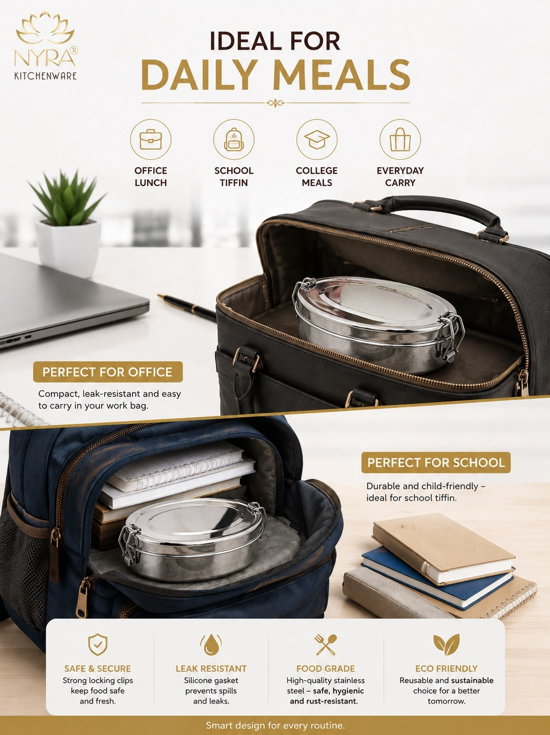 Stainless Steel Food Pack Lunch Box | Oval Tiffin with Locking Clip