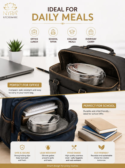 Stainless Steel Food Pack Lunch Box | Oval Tiffin with Locking Clip