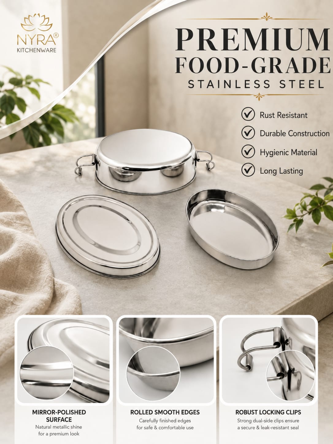 Stainless Steel Food Pack Lunch Box | Oval Tiffin with Locking Clip
